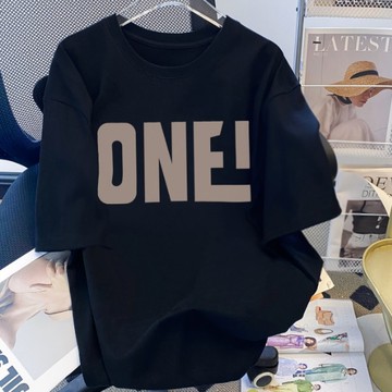 S-3XL實拍學院風ONE短袖T恤 寬鬆精梳棉印花短袖上衣 中大碼女裝-凱西娃娃