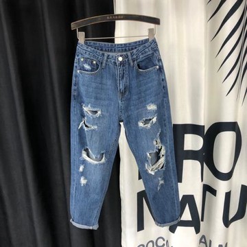 歐貨破洞牛仔褲女春夏薄款高腰2026新款寬松顯瘦九分乞丐老爹垮褲