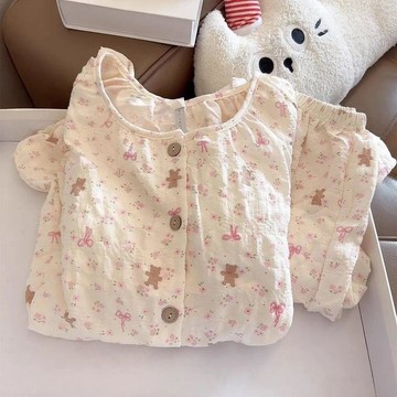 臺灣🎀睡衣 夏季睡衣 上衣帶胸墊日系ins甜美碎花小熊長袖長褲睡衣女春秋新款泡泡棉家居服