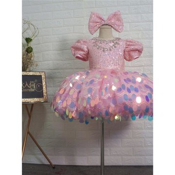 兒童粉色亮片短款泡泡袖女童蓬蓬裙主持合唱團表演演出服