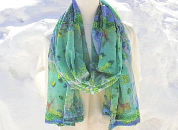 兩週【貓頭鷹與鹿的森林】藝術雪紡披肩、圍巾、披肩、母親節、時尚配件、綠色、可愛