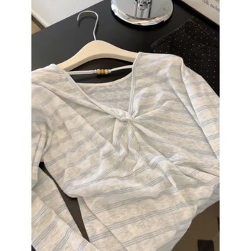 韓系扭結設計條紋早秋罩衫女夏季2025新款慵懶風寬松顯瘦長袖上衣