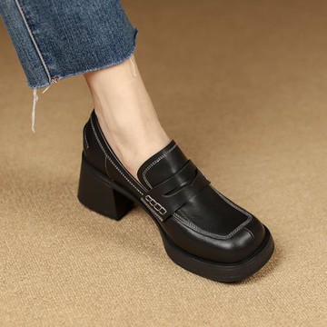 Tisdaini復古百搭~黑色方頭真皮厚底樂福鞋女春秋棕色粗跟單鞋6cm