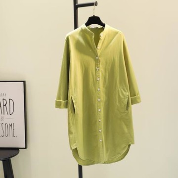中長款襯衣2022春新款港風休閑襯衫立領寬松純色棉布外套長袖開衫