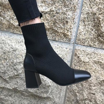 針織短靴女2025年秋冬新款粗跟馬丁靴方頭中跟彈力瘦瘦靴拼接襪靴