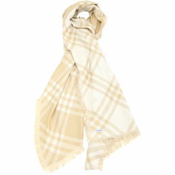 BURBERRY 巴寶莉 200x65CM 寬版格紋羊毛絲質流蘇圍巾(沙色x淡灰黃褐)