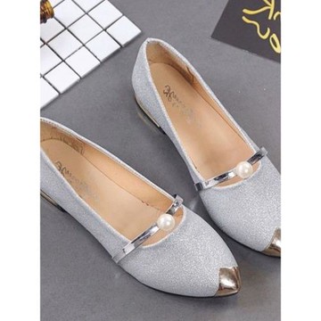 2025新時尚新款金色婚鞋女平底低跟舒適休閑單鞋尖頭淺口百搭珍珠