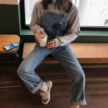 秋裝女裝復古chic刺繡貼布牛仔背帶褲寬松顯瘦連體長褲牛仔褲1入