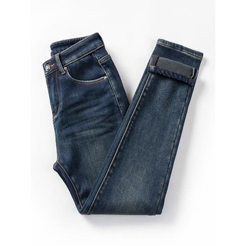 (免運)深藍色高腰加絨牛仔褲女2025冬季新款顯瘦彈力加厚保暖修身小腳褲