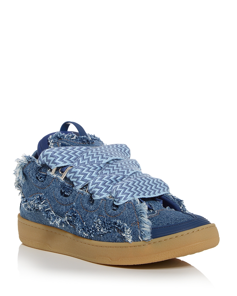 Lanvin Men's Curbed Frayed Denim Low Top Sneakers