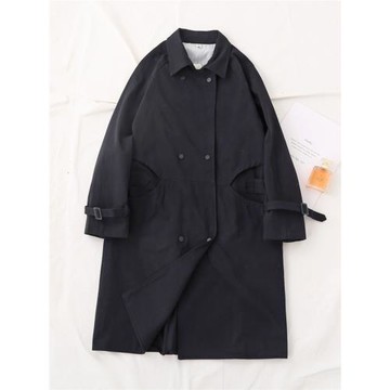 2025春季新款韓版休閑中長款雙排扣風衣女寬松側腰帶純色長袖外套