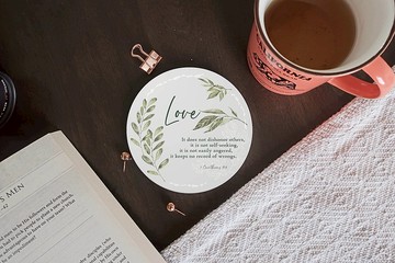 愛的真諦經文杯墊 | 哥林多前書十三章5節 | 水彩葉子基督徒禮物