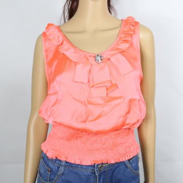 出口歐美外貿原單女夏熒光色立體水鉆蝴蝶結無袖短款上衣收腰襯衫