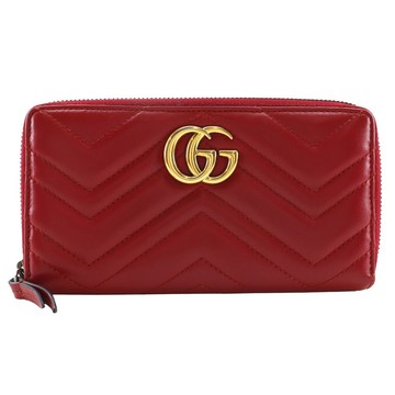 [日本直送] Gucci 雙 G 拉鍊皮夾 長版錢包GG Marmon Chevron Quilting 443123 皮革 紅色 女款 [二手]
