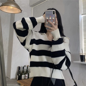 翻v領復古長袖條紋打底毛衣女2021年新款秋冬設計感慵懶風針織衫