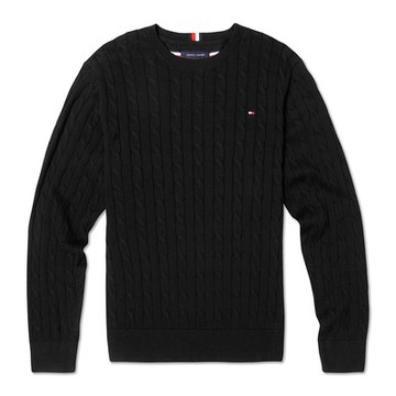 TOMMY 熱銷圓領刺繡Logo麻花針織毛衣-黑色