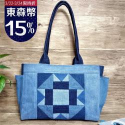 【築夢丹寧】 幾何拼布肩背包-花朵拼布