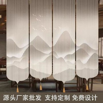 新中式茶室半透卷簾屏風中國風山水畫電動軟隔斷窗簾遮光掛式紗簾