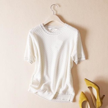2025夏季款簡約氣質撞色虛線時尚洋氣立體格紋圓領短袖針織上衣女