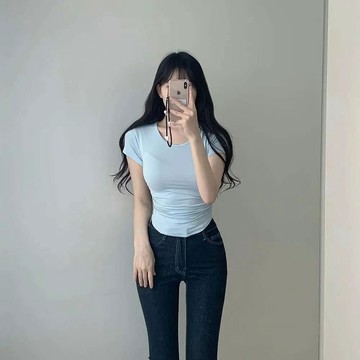 🇰🇷Korea韓國連線·正韓 圓領側抓皺合身短袖T 上衣 T恤 短袖上衣 短袖T恤 短版上衣 短版T 抓皺上衣