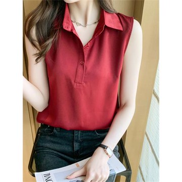 時尚緞面仿真絲醋酸夏季坎肩背心女外穿襯衫無袖雪紡打底內搭上衣