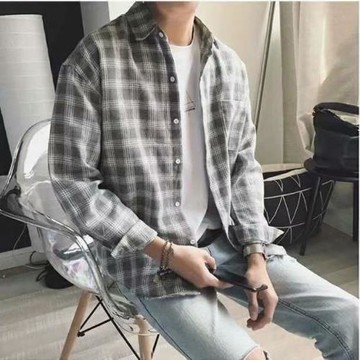春夏男士長袖襯衫新款寬松格子內搭襯衣潮流港風日系帥氣休閑外套