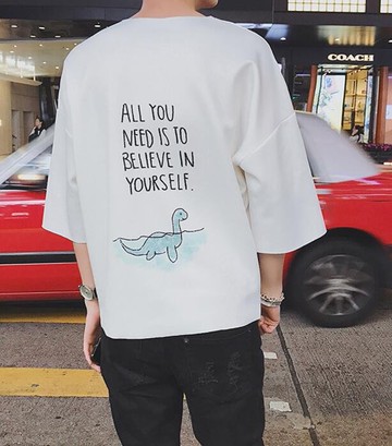 FINDSENSE品牌 男 時尚 街頭 潮 恐龍英文印花 落肩袖 寬鬆 短袖T恤 特色短T
