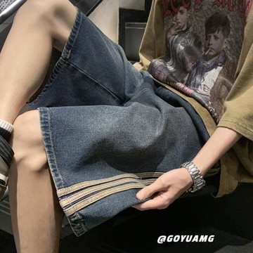 藍色牛仔短褲男夏季五分褲美式復古條紋褲子直筒休閑褲寬松大褲衩