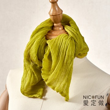 NicoFun 愛定做 魅力68 柳葉絲 橄欖綠 圍脖(四季可戴 領巾 圍巾 豆綠 真絲圍脖 頸巾 桑蠶絲 皺褶絲巾)