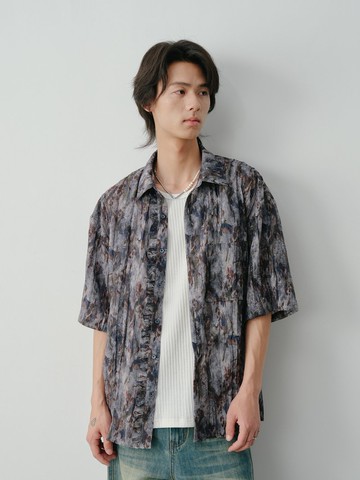 褶皺仙鶴 印花輕薄短袖襯衫