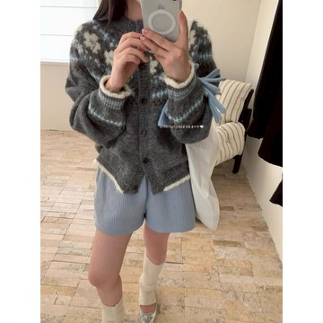 秋冬圓領寬鬆休閒軟糯提花毛衣針織小外套外套