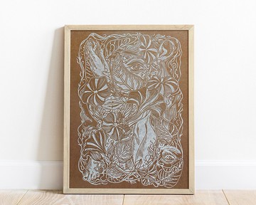 Linocut 印花白色棕女人的身體部位風鈴草和自然植物藝術