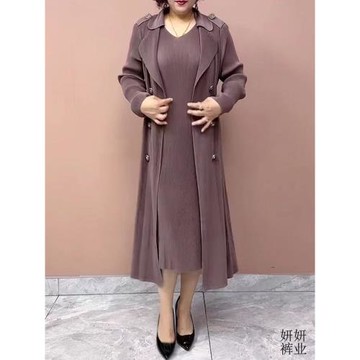 媽媽褶皺西裝領系帶假兩件風衣裙收腰顯瘦秋冬新款彈力連衣裙套裝