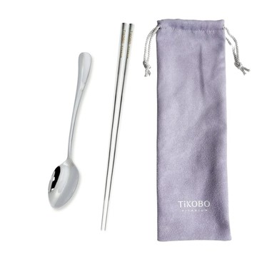 湯筷餐具組｜方形空心筷 鈦方財筷 23.5公分 (長款) + 經典純鈦 湯匙+收納袋(紫色） 長筷+湯匙+收納袋淺紫