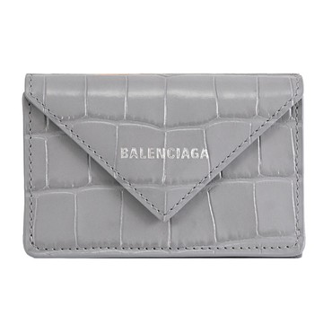BALENCIAGA 巴黎世家 391446 Papier 燙銀LOGO鱷魚紋三折小短夾.灰