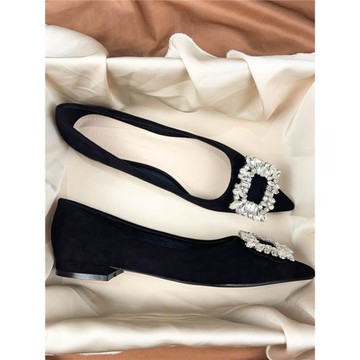 氣質水鉆黑色職業女平底單鞋不累腳2025年新款春秋季尖頭淺口工作