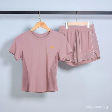 夏季冰絲速幹瑜伽服套裝女短袖短褲兩件套跑步休閒運動套裝健身服純色鏤空運動套裝