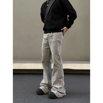 BLAEXIT高街ro褲子灰色牛仔褲男直筒微喇修身堆積拖地褲美式vibe