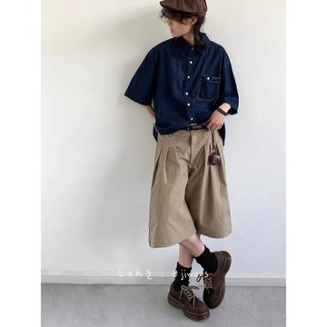 夏季日系復古深藍色短袖牛仔襯衫男女生寬松中性口袋工裝襯衣外套