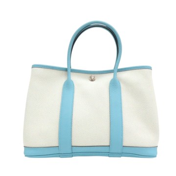 【二手名牌BRAND OFF】HERMES 愛馬仕 米色帆布 藍色皮革 Garden Party TPM 手提包 T刻