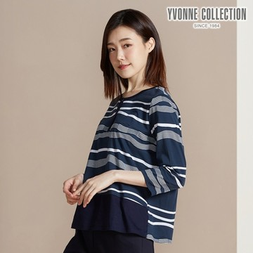 YVONNE 以旺傢飾 提花條紋七分袖上衣-深丈青