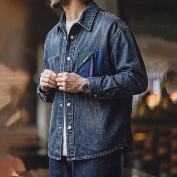 Wuluwear 美式11盎司賽絡紡牛仔襯衫男士口袋設計長袖夾克外套秋
