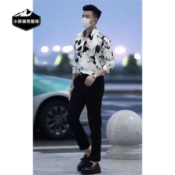 劉大鵬男裝高級感男士輕奢長袖印花襯衫時尚休閑潮流修身帥氣襯衣