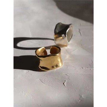 Hide aki日系小眾個性不規則食指戒手工寬邊錘紋925銀戒指