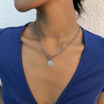 N8637歐美潮流新款幾何型圓片吊墜項鏈合金創意復古雙層鎖骨鏈女