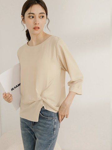 細緻素色扭結造型袖反折上衣