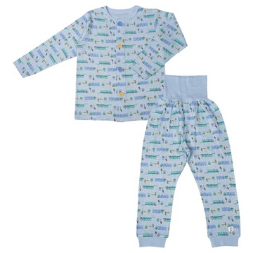 akachan honpo - 長袖前開式家居服-穿衣練習 電車-淺藍色