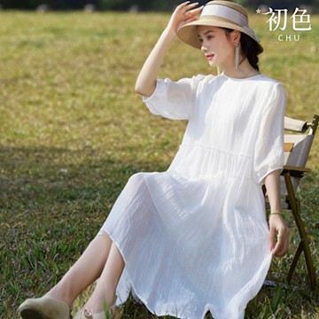 初色 文藝棉麻氣質寬鬆純色鈕扣圓領五分袖沙灘裙中長裙連衣裙連身洋裝-白色-11814(M-2XL可選)