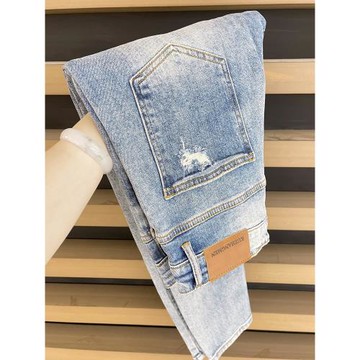 潮流/九分牛仔褲/彈力韓版修身小腳褲/刮爛/水洗做舊/貓須休閑褲