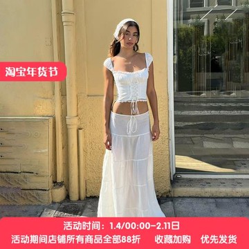 法式純欲木耳邊交叉綁帶吊帶背心+蕾絲拼接半身裙白色套裝女秋冬